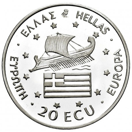 MACEDONIA - Grecia 20 ECU 1994 ALEJANDRO MAGNO A CABALLO GRANDE y BARCO KM.X.39 MONEDA DE PLATA PROOF Greece Tirada 2.900