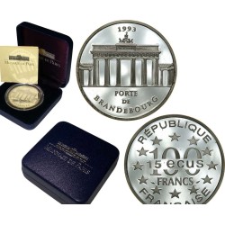 FRANCIA 100 FRANCOS 1993 LA PUERTA DE BRADENBURGO en BERLÍN KM.1032 MONEDA DE PLATA PROOF CÁPSULA France 15 Ecus