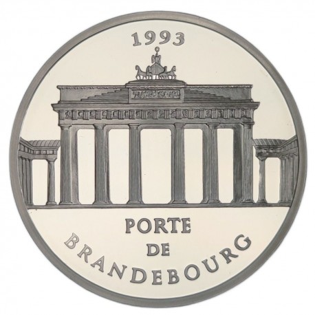 FRANCIA 100 FRANCOS 1993 LA PUERTA DE BRANDEBURGO en BERLÍN KM.1032 MONEDA DE PLATA PROOF CÁPSULA/CERT.France 15 Ecus