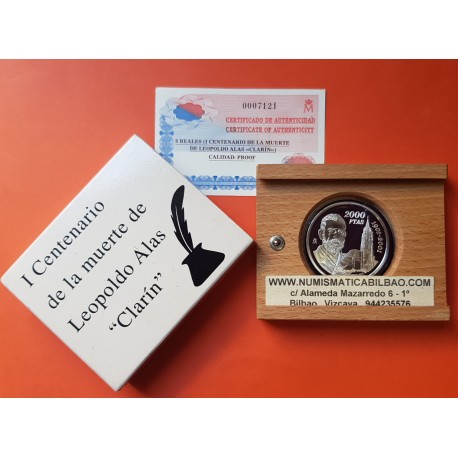ESPAÑA 2000 PESETAS 2001 LEOPOLDO ALAS CLARIN MONEDA DE PLATA PROOF ESTUCHE y CERTIFICADO DE LA FNMT