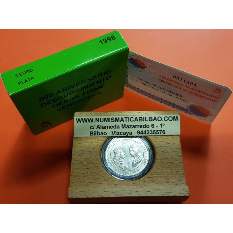 ESPAÑA 3 EUROS 1998 DESCUBRIMIENTO DE TIERRA FIRME 500 ANIVERSARIO VENEZUELA PLATA ESTUCHE CERTIFICADO FNMT