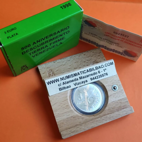 ESPAÑA 3 EUROS 1998 DESCUBRIMIENTO DE TIERRA FIRME 500 ANIVERSARIO VENEZUELA PLATA ESTUCHE CERTIFICADO FNMT