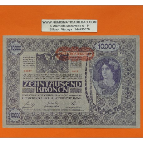 AUSTRIA 10000 KRONEN 1918 DAMA 1ª GUERRA MUNDIAL Sello ROJO (DEUTSCHOSTERREICH) Pick 66 BILLETE MBC++ Austro-Hungría