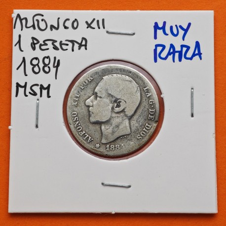 . @LA MÁS RARA@ ESPAÑA Rey ALFONSO XII 1 PESETA 1884 * -- / -- Tipo PATILLAS MSM KM.686 MONEDA DE PLATA Spain silver R/3