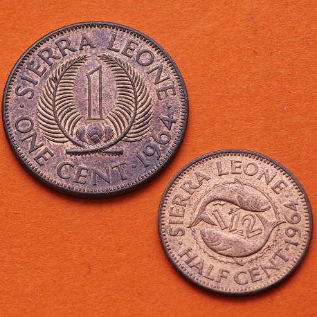 . 2 monedas x SIERRA LEONA 1/2 CENTAVO 1964 + 1 CENTAVO 1964 SIR MILTON MARGAI KM.15+16 BRONCE EBC Leone