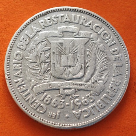 @RARA@ REPUBLICA DOMINICANA 1/2 PESO 1963 CENTENARIO DE LA RESTAURACIÓN DE LA REPÚBLICA KM.29 MONEDA DE PLATA MBC- Dominican