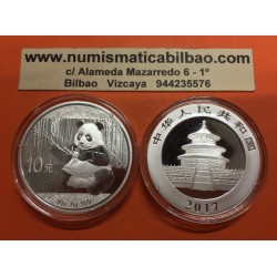 CHINA 10 YUAN 2017 OSO PANDA CON BAMBU y PAGODA MONEDA DE PLATA @RARA@ Cápsula SILVER 30 Grs. 1 ONZA Oz Ounce