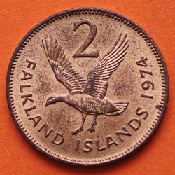 1º AÑO DE EMISIÓN x FALKLAND 2 PENIQUES 1974 GAVIOTA y REINA ISABEL II KM.3 MONEDA DE BRONCE EBC + PÁTINA 2 Pence ISLAS MALVINAS