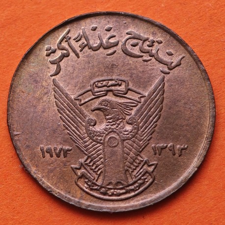 República Democrática de SUDAN 5 MILLIEMES 1972 ÁGUILA - AÑO DE LA FAO KM.53 MONEDA BRONCE SC- Africa