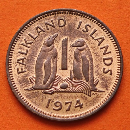 FALKLAND 1 PENIQUE 1974 PINGUINOS y REINA ISABEL II KM.2 MONEDA DE BRONCE EBC UK Colony 1 Pence ISLAS MALVINAS