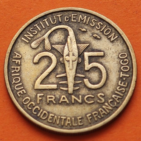 TOGO AFRICA OCCIDENTAL FRANCESA 25 FRANCOS 1957 ANTILOPE KM.9 MONEDA DE LATON MBC+ Antes SENEGAL, NIGER, DAHOMEY...