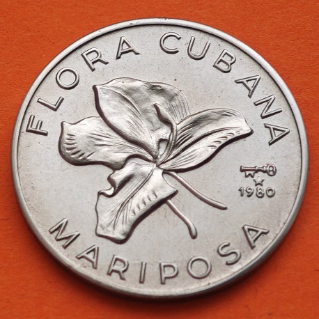 CUBA 1 PESO 1980 MARIPOSA Serie FLORA CUBANA KM.52 MONEDA DE NICKEL SC- Caribe coin