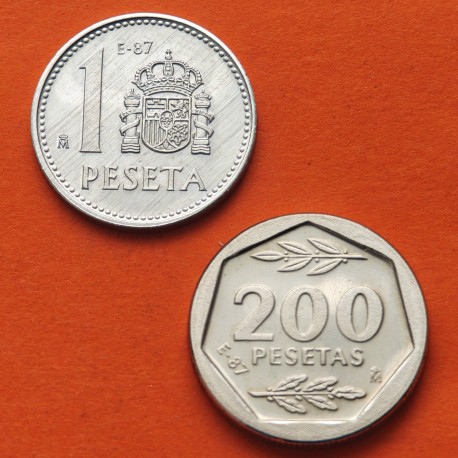 2 monedas x ESPAÑA 1 PESETA 1987 + 200 PESETAS 1987 III EXPOSICION NACIONAL DE NUMISMATICA E-87 PROOF E87 @Leves Imperfecciones@
