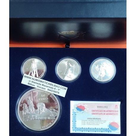 . 7,40 ONZAS de PLATA PURA x España 10 EUROS 2005 + 50 EUROS 2005 IV CENTENARIO DEL QUIJOTE PLATA ESTUCHE FNMT NO CARÁTULA