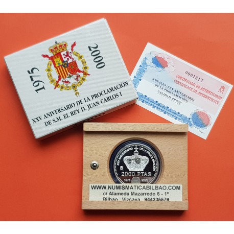 ESPAÑA 2000 PESETAS 2000 XXV ANIVERSARIO DE LA PROCLAMACION DE JUAN CARLOS I MONEDA DE PLATA ESTUCHE FNMT 0,80 ONZAS