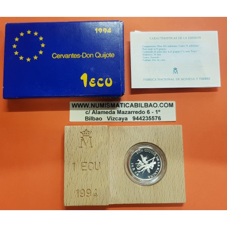 ESPAÑA 1 ECU 1994 DON QUIJOTE y LOS MOLINOS DE VIENTO MONEDA DE PLATA PROOF ESTUCHE CERTIFICADO FNMT