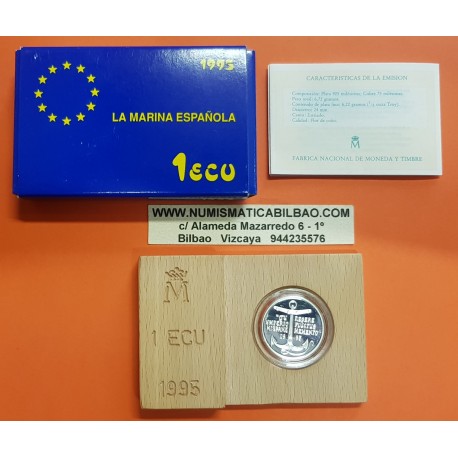 ESPAÑA 1 ECU 1995 LA MARINA ESPAÑOLA BARCO y TIMON MONEDA DE PLATA PROOF ESTUCHE FNMT + PEGATINA