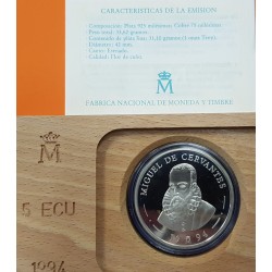 ESPAÑA 5 ECU 1994 DON QUIJOTE DE LA MANCHA y MIGUEL DE CERVANTES MONEDA DE PLATA PROOF ECUS 1 ONZA ESTUCHE FNMT 5 ECUS 1994