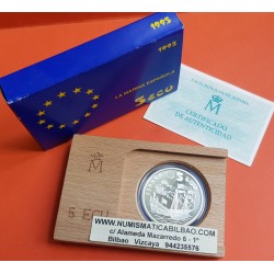 ESPAÑA 5 ECU 1995 LA MARINA ESPAÑOLA GALEON y BARCO MONEDA DE PLATA PROOF 1 ONZA ESTUCHE FNMT @PEGATINA@ 5 ECUS 1995