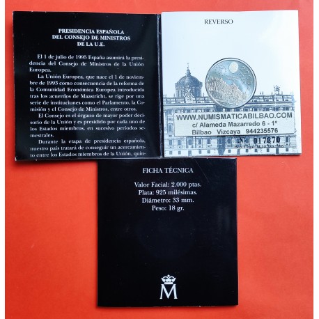 ESPAÑA CARTERA FNMT 2000 PESETAS 1995 PALACIO DE ORIENTE DE MADRID MONEDA DE PLATA SC ESTUCHE OFICIAL FNMT