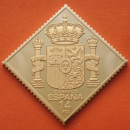 0,72 Onzas LINGOTE DE PLATA PURA y BAÑO DE ORO x ESPAÑA forma de sello 14 PESETAS - ESCUDO NACIONAL - FORMA DE ROMBO