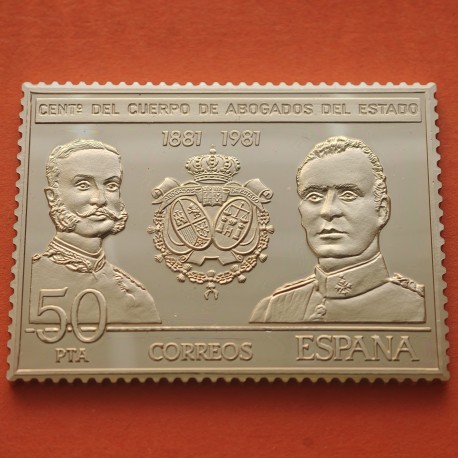 0,79 Onzas LINGOTE DE PLATA PURA y BAÑO DE ORO x ESPAÑA forma de sello 50 PESETAS - REYES JUAN CARLOS I y ALFONSO XIII