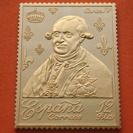 0,80 Onzas LINGOTE DE PLATA PURA y BAÑO DE ORO x ESPAÑA forma de sello 12 PESETAS - REY CARLOS IV