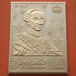 0,79 Onzas LINGOTE DE PLATA PURA y BAÑO DE ORO x ESPAÑA forma de sello 10 PESETAS - REY CARLOS III