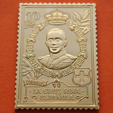 0,72 Onzas LINGOTE DE PLATA PURA y BAÑO DE ORO x ESPAÑA forma de sello 10 PESETAS - LA CRUZ ROJA ALFONSO XIII