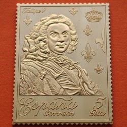 0,79 Onzas LINGOTE DE PLATA PURA y BAÑO DE ORO x ESPAÑA forma de sello 5 PESETAS - REY FELIPE V