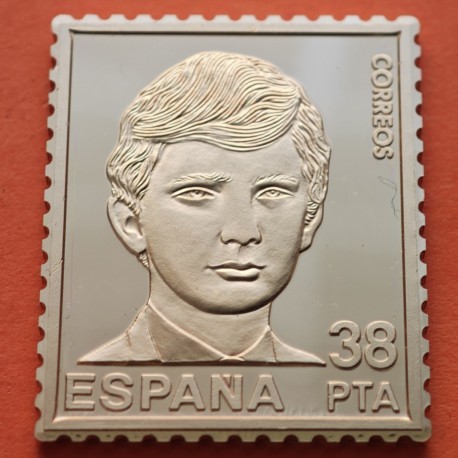 0,42 Onzas LINGOTE DE PLATA PURA y BAÑO DE ORO x ESPAÑA forma de sello 38 PESETAS - PRINCIPE FELIPE