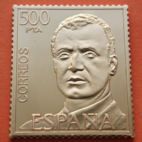 0,64 Onzas LINGOTE DE PLATA PURA y BAÑO DE ORO x ESPAÑA forma de sello 500 PESETAS 1975 REY JUAN CARLOS I