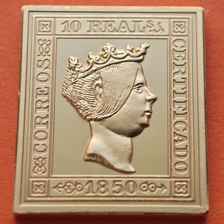 0,35 Onzas LINGOTE DE PLATA PURA y BAÑO DE ORO x ESPAÑA forma de sello 10 REALES 1850 CERTIFICADO ISABEL II
