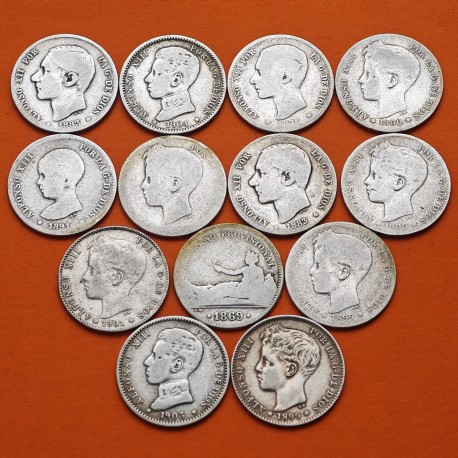 @ARRAS DE MATRIMONIO@ ESPAÑA 1 PESETA 1870 a 1904 ALFONSO XII y XIII - 13 MONEDAS DE PLATA PARA EL DIA DE TU BODA