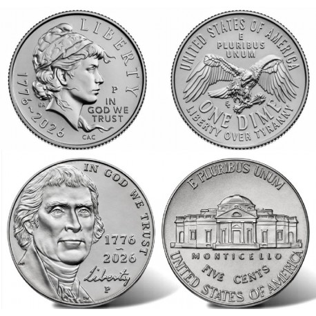 @0ENVÍO HOY@ ESTADOS UNIDOS 5 CENTAVOS + 10 CENTAVOS 2026 Letra P JEFFERSON y LIBERTY 1776 ANNIVERSARY 2 MONEDAS DE NICKEL SC