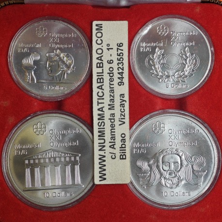 . @4,32 ONZAS PLATA PURA - SILVER SET@ CANADA 5 DOLARES 1974 + 10 DOLARES 1974 OLIMPIADA DE MONTREAL 1976 SC 4 MONEDAS