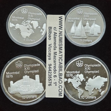 . 4,32 ONZAS PLATA PURA x CANADA 5 DOLARES 1973 + 10 DOLARES 1973 OLIMPIADA DE MONTREAL 1976 PROOF **4 MONEDAS NO ESTUCHE**