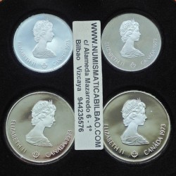 . 4,32 ONZAS PLATA PURA x CANADA 5 DOLARES 1973 + 10 DOLARES 1973 OLIMPIADA DE MONTREAL 1976 PROOF **4 MONEDAS NO ESTUCHE**