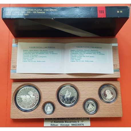 ESPAÑA V CENTENARIO 100+200+500+1000+2000 PESETAS 1991 PLATA PROOF 3ª SERIE 5 VALORES ESTUCHE y CERTIFICADO QUINTO