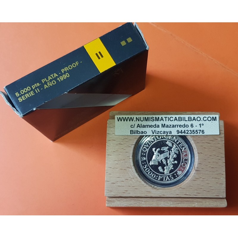ESPAÑA V CENTENARIO 5000 PESETAS 1990 Serie 2ª MONEDA DE PLATA PROOF ESTUCHE FNMT QUINTO silver 1,60 ONZAS OZ