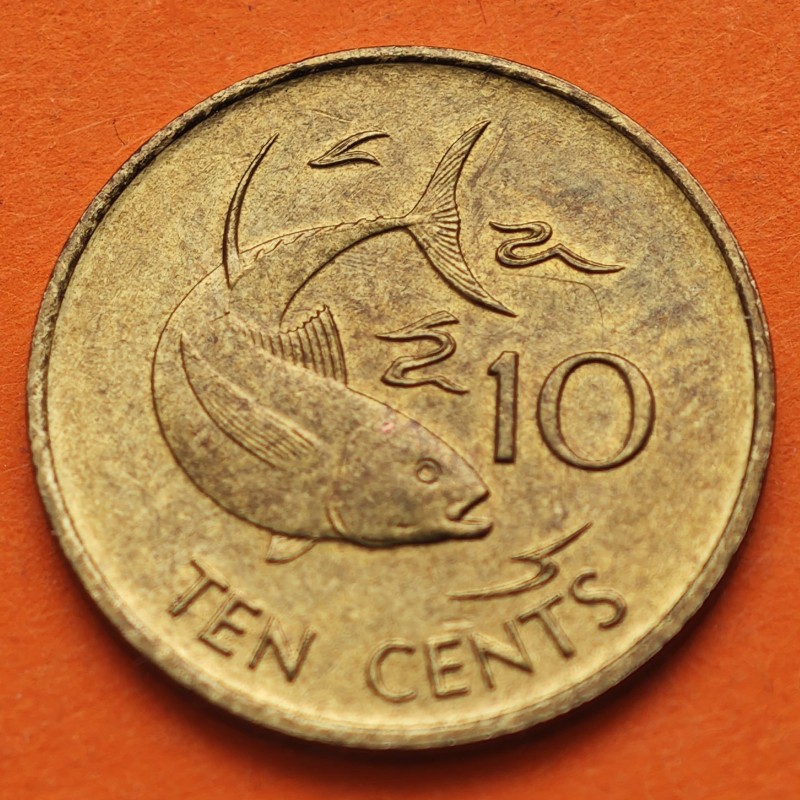 SEYCHELLES 10 CENTAVOS 1982 PEZ YELLOWFIN TUNA y REINA ISABEL II KM.48 MONEDA DE LATON EBC 10 Rupees