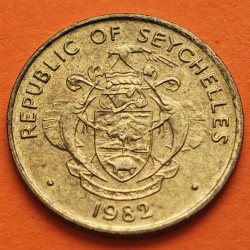 SEYCHELLES 10 CENTAVOS 1982 PEZ YELLOWFIN TUNA y REINA ISABEL II KM.48 MONEDA DE LATON EBC 10 Rupees