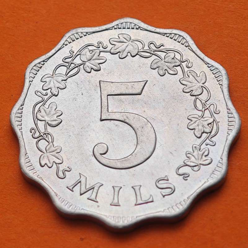 MALTA 5 MILS 1972 CORAL MARINO y VALOR KM.7 MONEDA DE ALUMINIO @LOBULADA@ SC