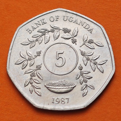 UGANDA 5 SHILLINGS 1987 FRUTOS AFRICANOS KM.27 MONEDA DE NICKEL SC Africa Central Bank Of