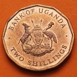 UGANDA 2 SHILLINGS 1987 FLORA y FRUTOS KM.28 MONEDA DE ACERO BRONCE MBC+ Africa