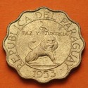 PARAGUAY 50 CENTIMOS 1953 LEON PAZ y JUSTICIA KM.28 MONEDA DE LATON EBC @LOBULADA@ R/2