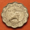 PARAGUAY 15 CENTIMOS 1953 LEON KM.26 MONEDA DE LATON EBC @FORMA LOBULADA@