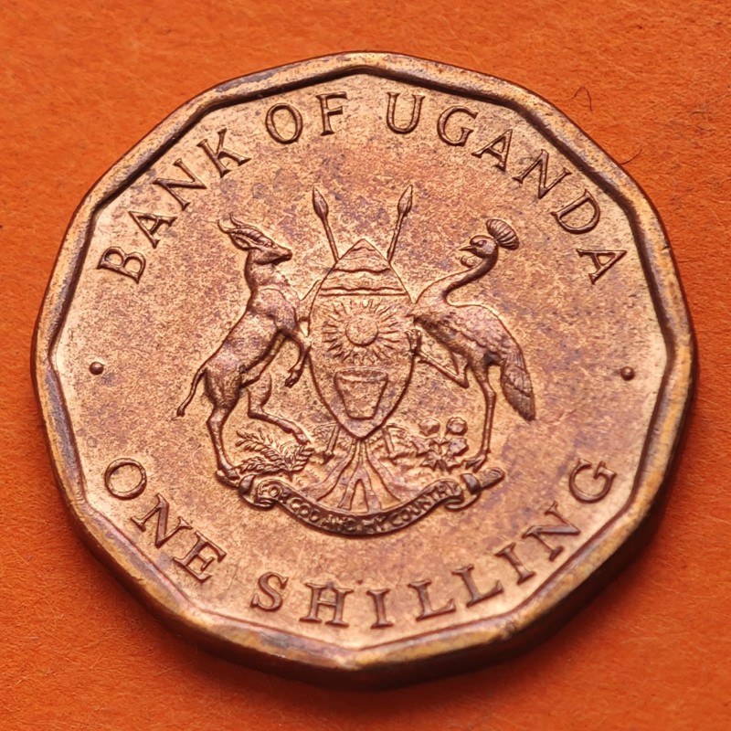 UGANDA 1 SHILLING 1987 SEMILLAS y BAYAS KM.27 MONEDA DE BRONCE EBC + PÁTINA Africa