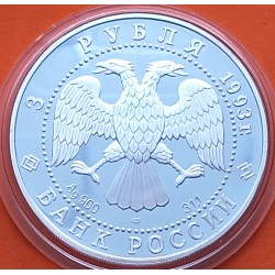 RUSIA 3 RUBLOS 1993 MUNDIAL DE FUTBOL CCCP KM.351 MONEDA DE PLATA PROOF Russia 3 Roubles URSS 1 ONZA Ley 900