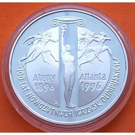 @RARA@ POLONIA 10 ZLOTY 1995 ESTATUAS - OLIMPIADA DE ATLANTA 1996 1896 KM.101 MONEDA DE PLATA PROOF 32 mm
